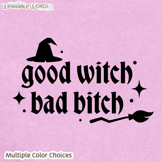 Good Witch Bad B*tch Graphic Tee | Spooky Sassy Witchy Baddie Gothic Sparkly Black Print | Women's Boxy Tee