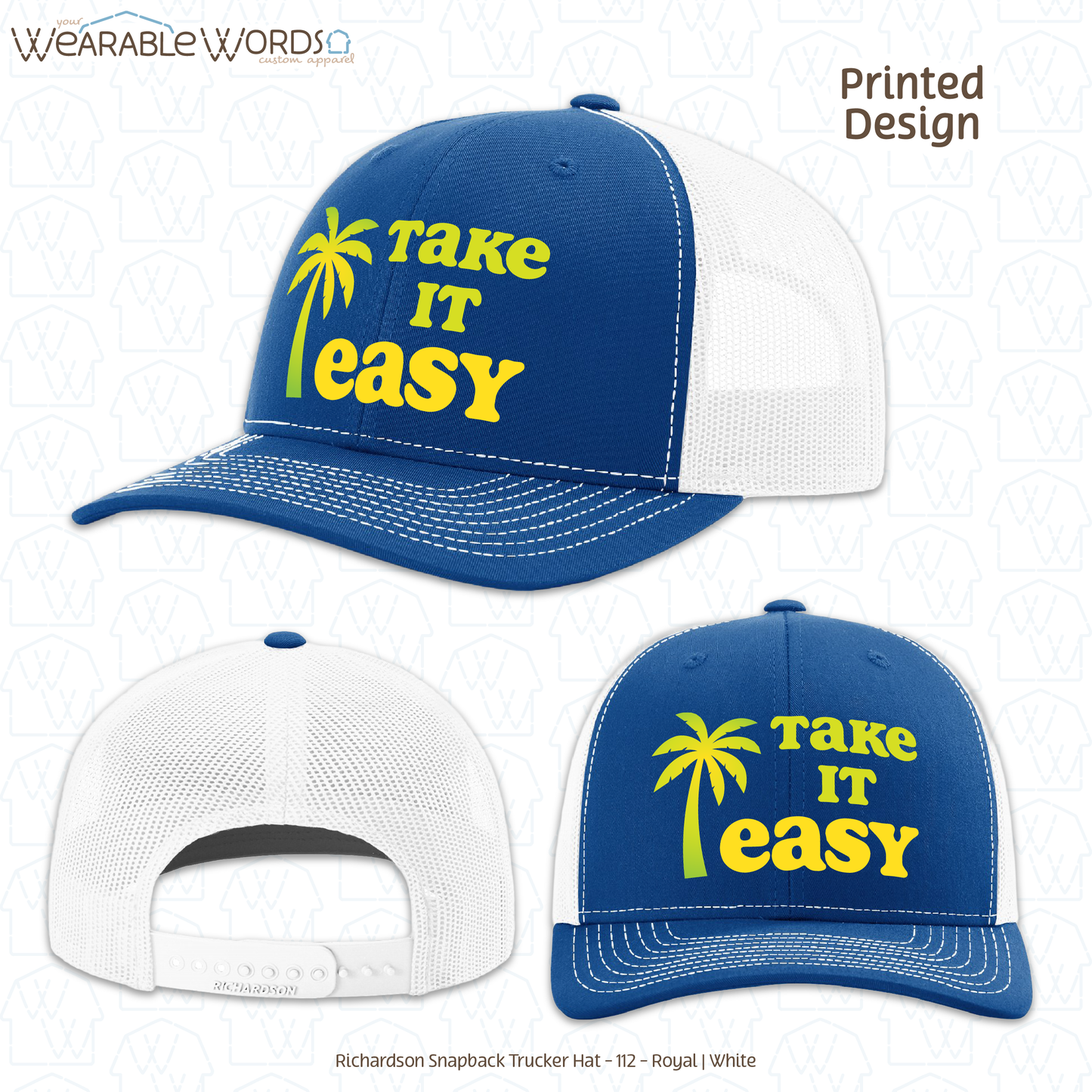 Take It Easy Graphic Hat | Simple Yellow & Green Palm Tree Print | Unisex Mesh Snapback
