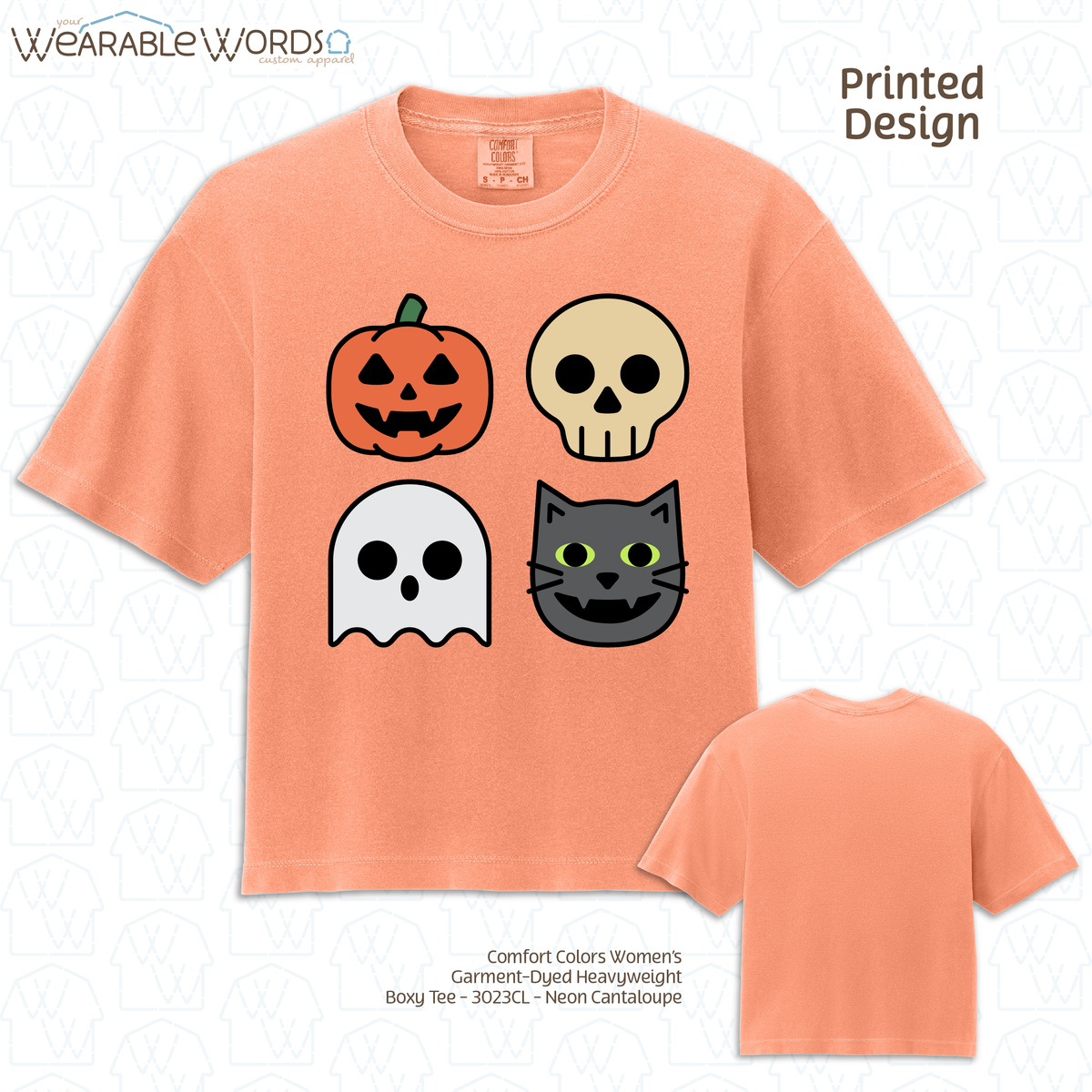 Halloween Characters Graphic Tee | Fun Vibrant Jack-o-Lantern Skeleton Ghost Black Cat Print | Women's Boxy T-Shirt