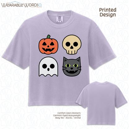 Halloween Characters Graphic Tee | Fun Vibrant Jack-o-Lantern Skeleton Ghost Black Cat Print | Women's Boxy T-Shirt