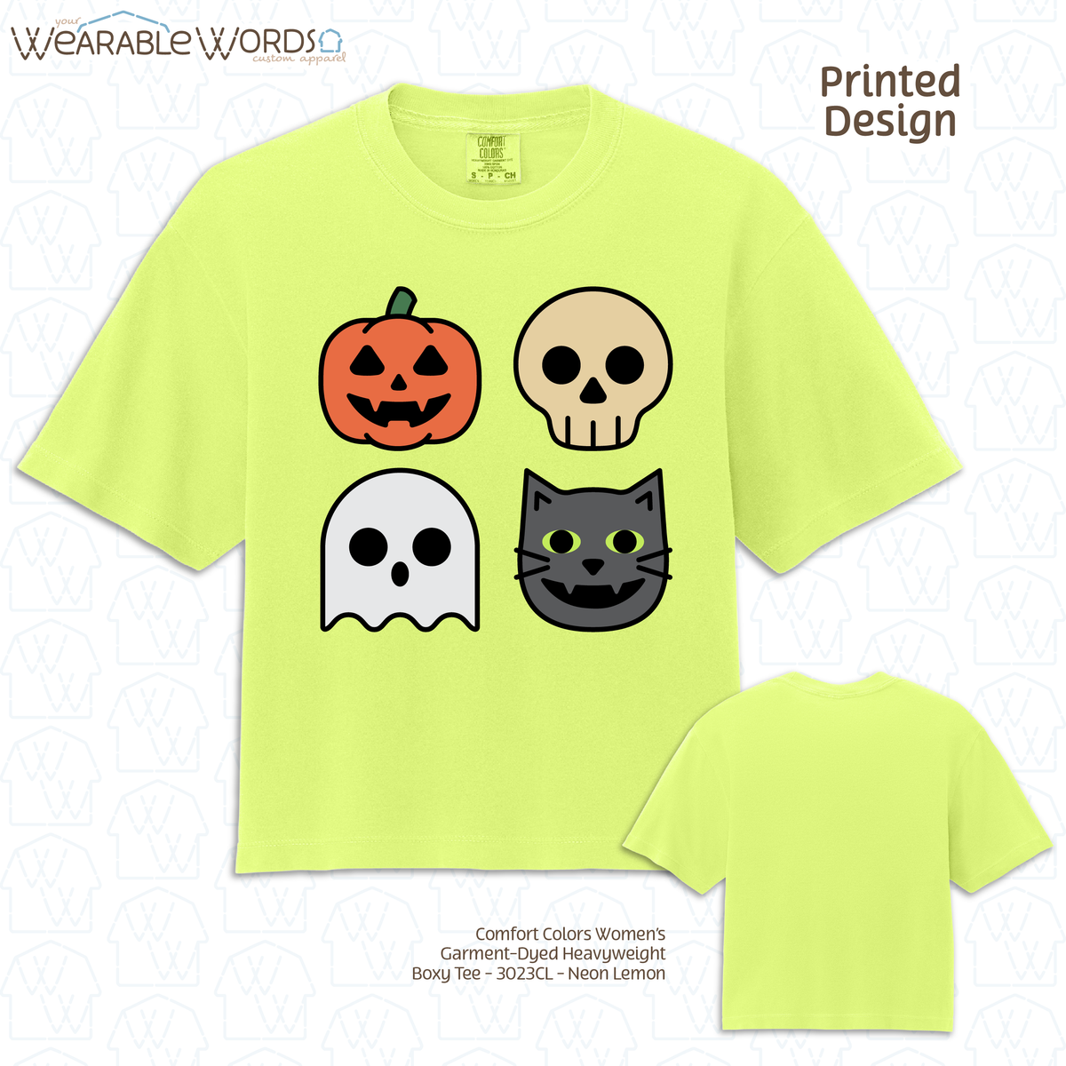 Halloween Characters Graphic Tee | Fun Vibrant Jack-o-Lantern Skeleton Ghost Black Cat Print | Women's Boxy T-Shirt
