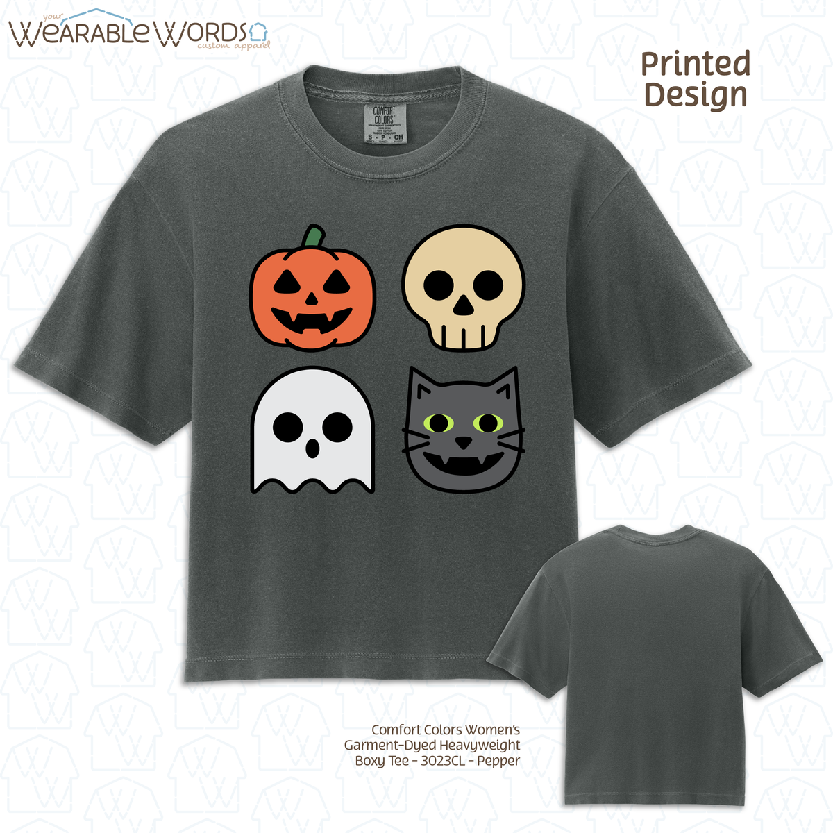 Halloween Characters Graphic Tee | Fun Vibrant Jack-o-Lantern Skeleton Ghost Black Cat Print | Women's Boxy T-Shirt