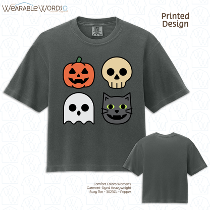 Halloween Characters Graphic Tee | Fun Vibrant Jack-o-Lantern Skeleton Ghost Black Cat Print | Women's Boxy T-Shirt