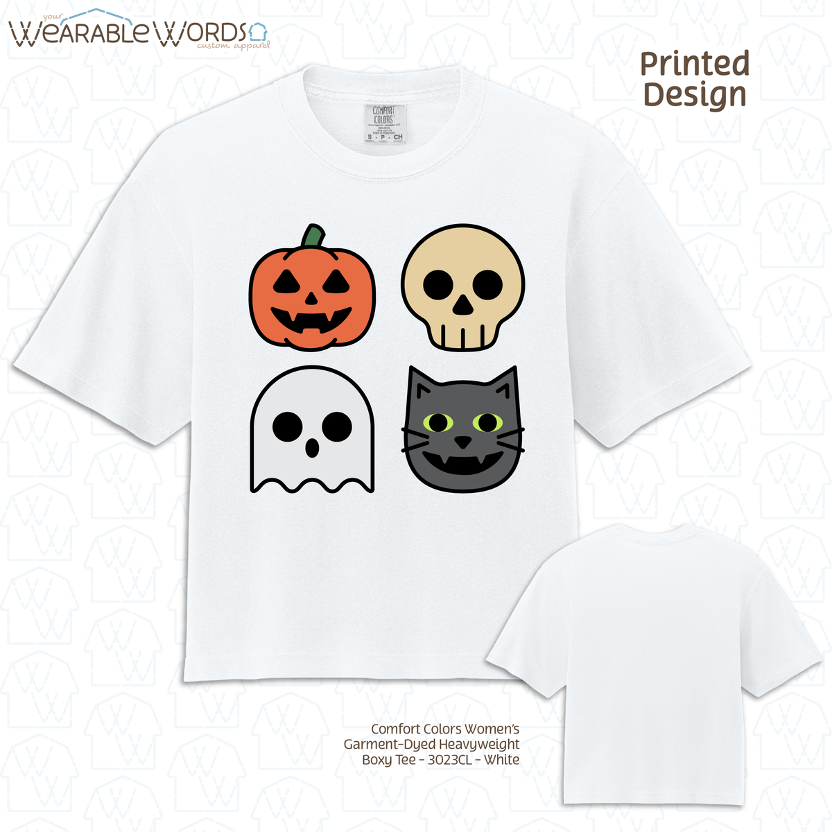 Halloween Characters Graphic Tee | Fun Vibrant Jack-o-Lantern Skeleton Ghost Black Cat Print | Women's Boxy T-Shirt