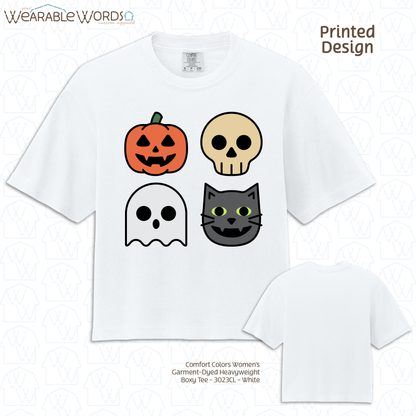 Halloween Characters Graphic Tee | Fun Vibrant Jack-o-Lantern Skeleton Ghost Black Cat Print | Women's Boxy T-Shirt