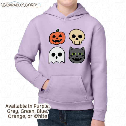 Halloween Characters Kids Graphic Hoodie | Fun Vibrant Jack-o-Lantern Skeleton Ghost Black Cat Children's Print | Unisex Youth Sweatshirt
