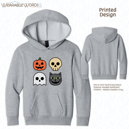 Halloween Characters Kids Graphic Hoodie | Fun Vibrant Jack-o-Lantern Skeleton Ghost Black Cat Children's Print | Unisex Youth Sweatshirt