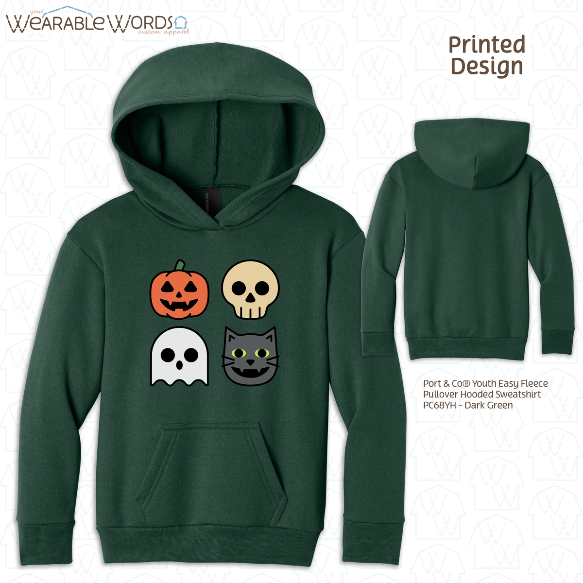 Halloween Characters Kids Graphic Hoodie | Fun Vibrant Jack-o-Lantern Skeleton Ghost Black Cat Children's Print | Unisex Youth Sweatshirt