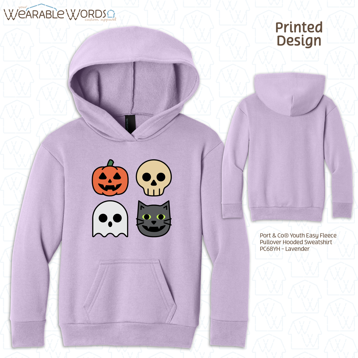 Halloween Characters Kids Graphic Hoodie | Fun Vibrant Jack-o-Lantern Skeleton Ghost Black Cat Children's Print | Unisex Youth Sweatshirt