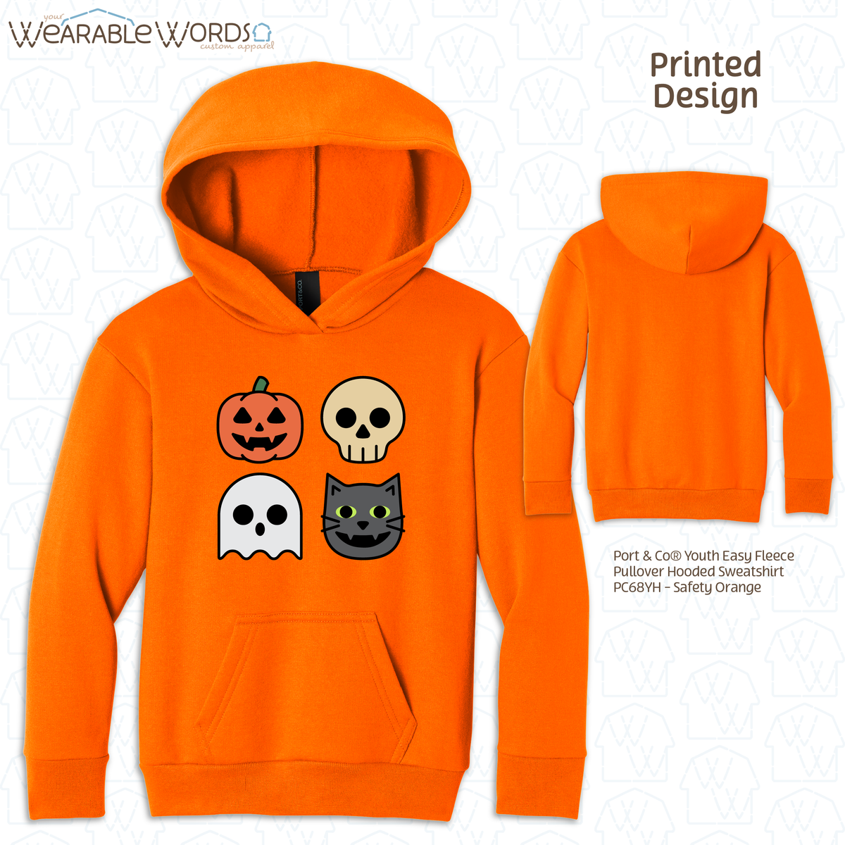 Halloween Characters Kids Graphic Hoodie | Fun Vibrant Jack-o-Lantern Skeleton Ghost Black Cat Children's Print | Unisex Youth Sweatshirt