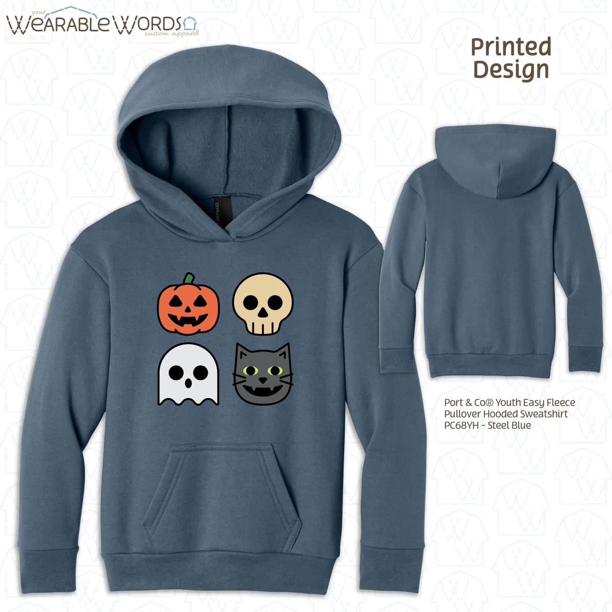 Halloween Characters Kids Graphic Hoodie | Fun Vibrant Jack-o-Lantern Skeleton Ghost Black Cat Children's Print | Unisex Youth Sweatshirt