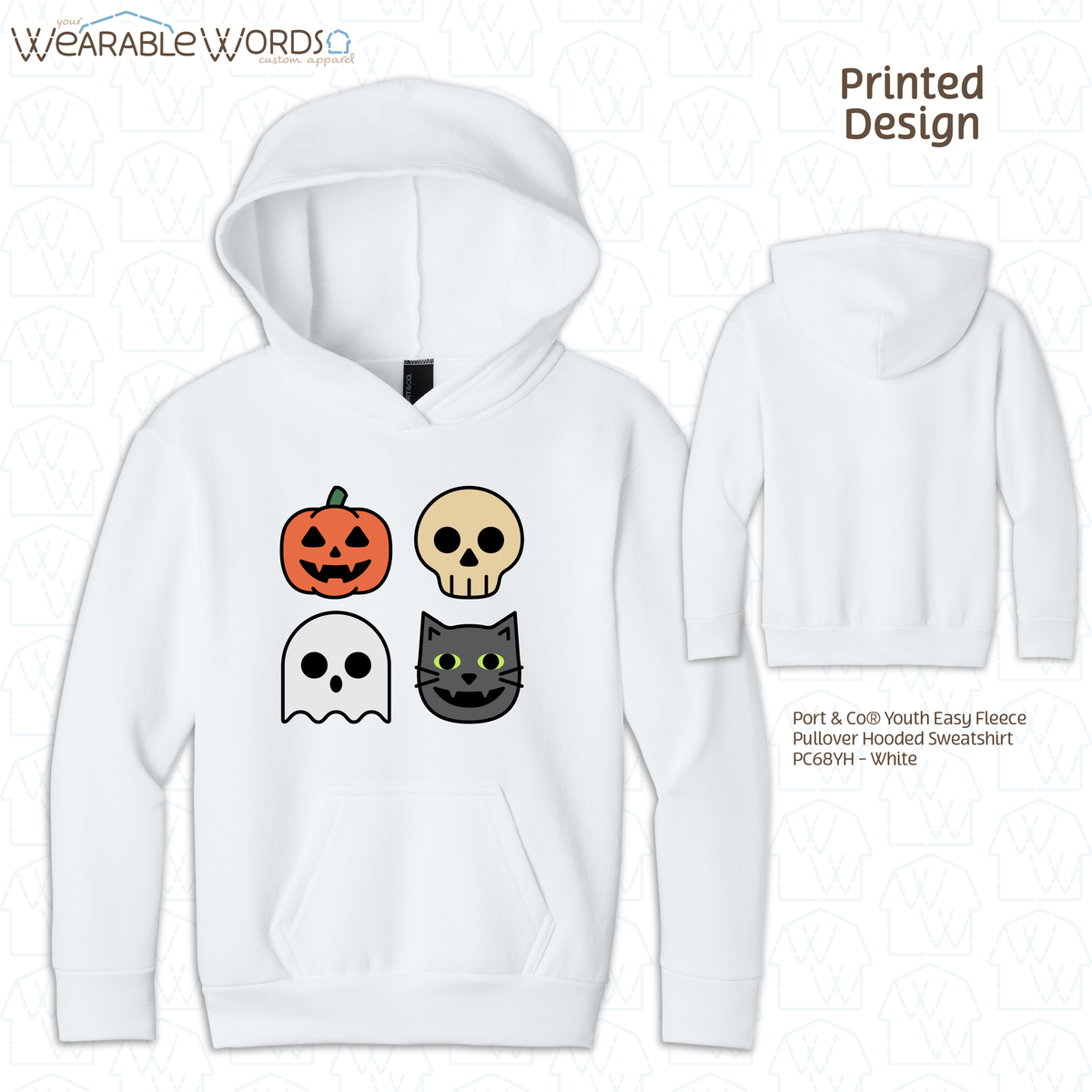 Halloween Characters Kids Graphic Hoodie | Fun Vibrant Jack-o-Lantern Skeleton Ghost Black Cat Children's Print | Unisex Youth Sweatshirt