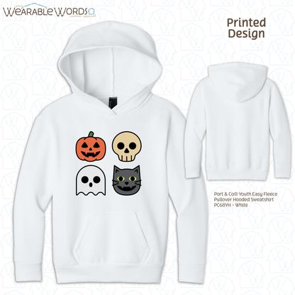 Halloween Characters Kids Graphic Hoodie | Fun Vibrant Jack-o-Lantern Skeleton Ghost Black Cat Children's Print | Unisex Youth Sweatshirt
