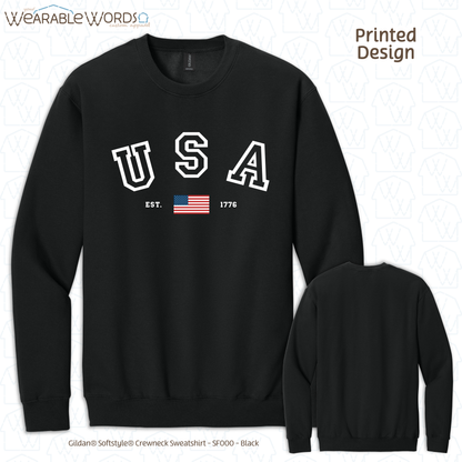 USA Varsity Crewneck | Established 1776 American Flag College Print | Unisex Sweatshirt