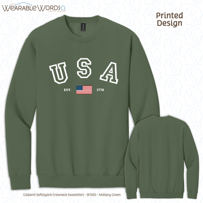 USA Varsity Crewneck | Established 1776 American Flag College Print | Unisex Sweatshirt