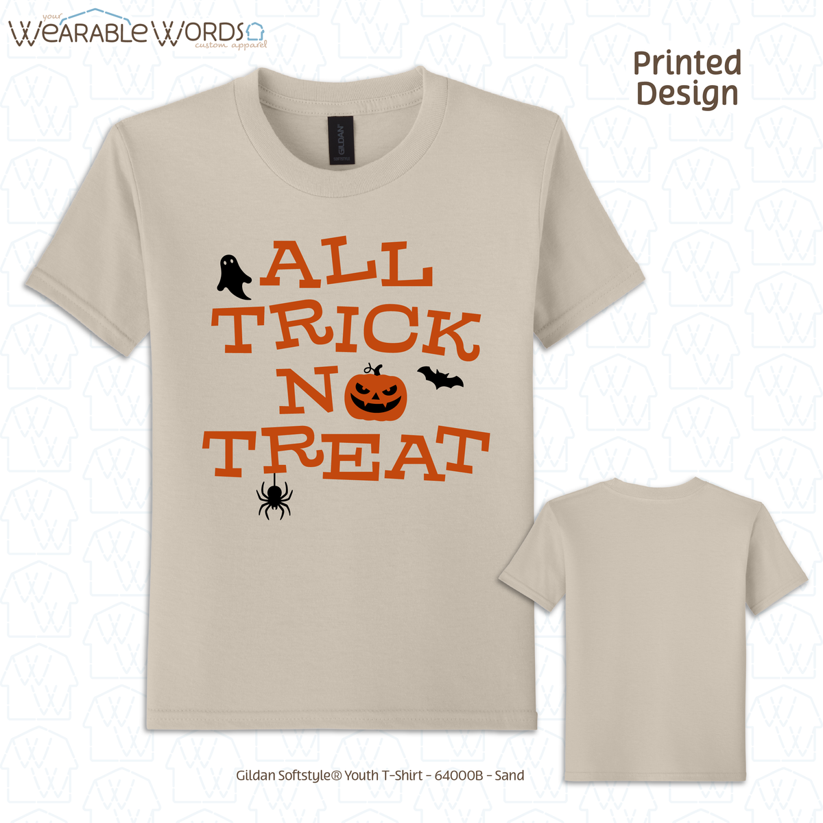 All Trick No Treat Kids Graphic Tee | Vintage Halloween Spooky Fun Children's Print | Unisex Youth T-Shirt