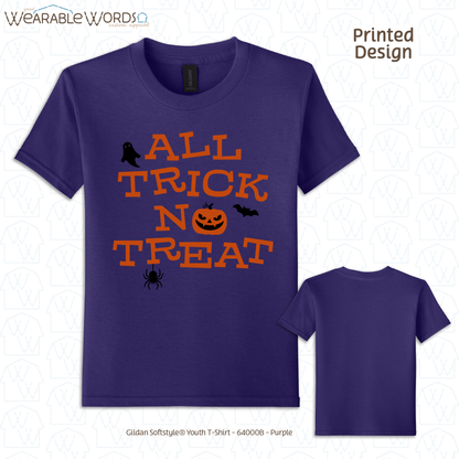 All Trick No Treat Kids Graphic Tee | Vintage Halloween Spooky Fun Children's Print | Unisex Youth T-Shirt