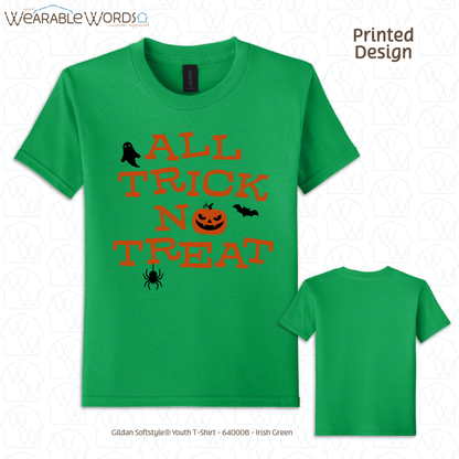 All Trick No Treat Kids Graphic Tee | Vintage Halloween Spooky Fun Children's Print | Unisex Youth T-Shirt