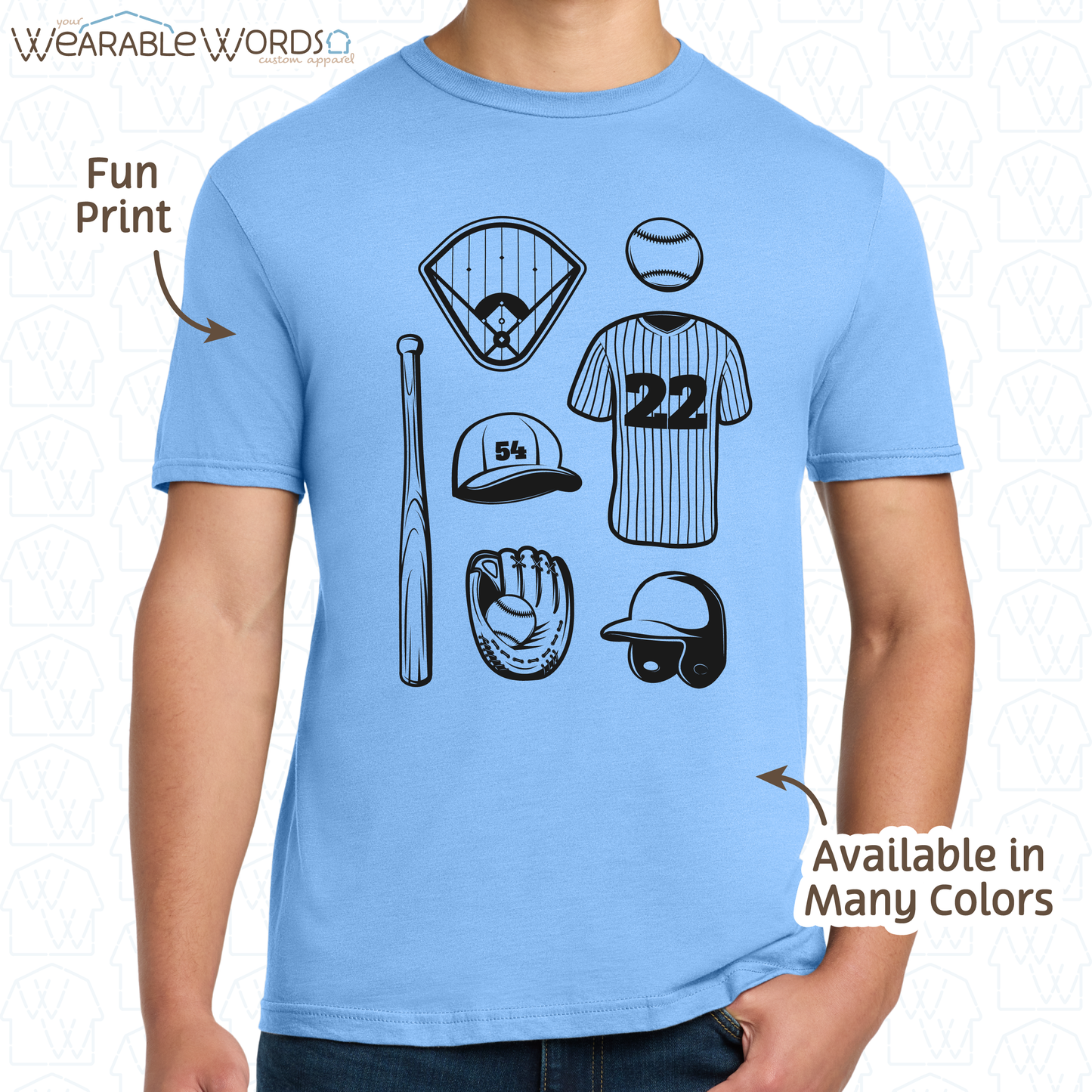 Baseball Doodles Graphic Tee | Ball Bat Jersey Field Mitt Black Print | Unisex T-Shirt