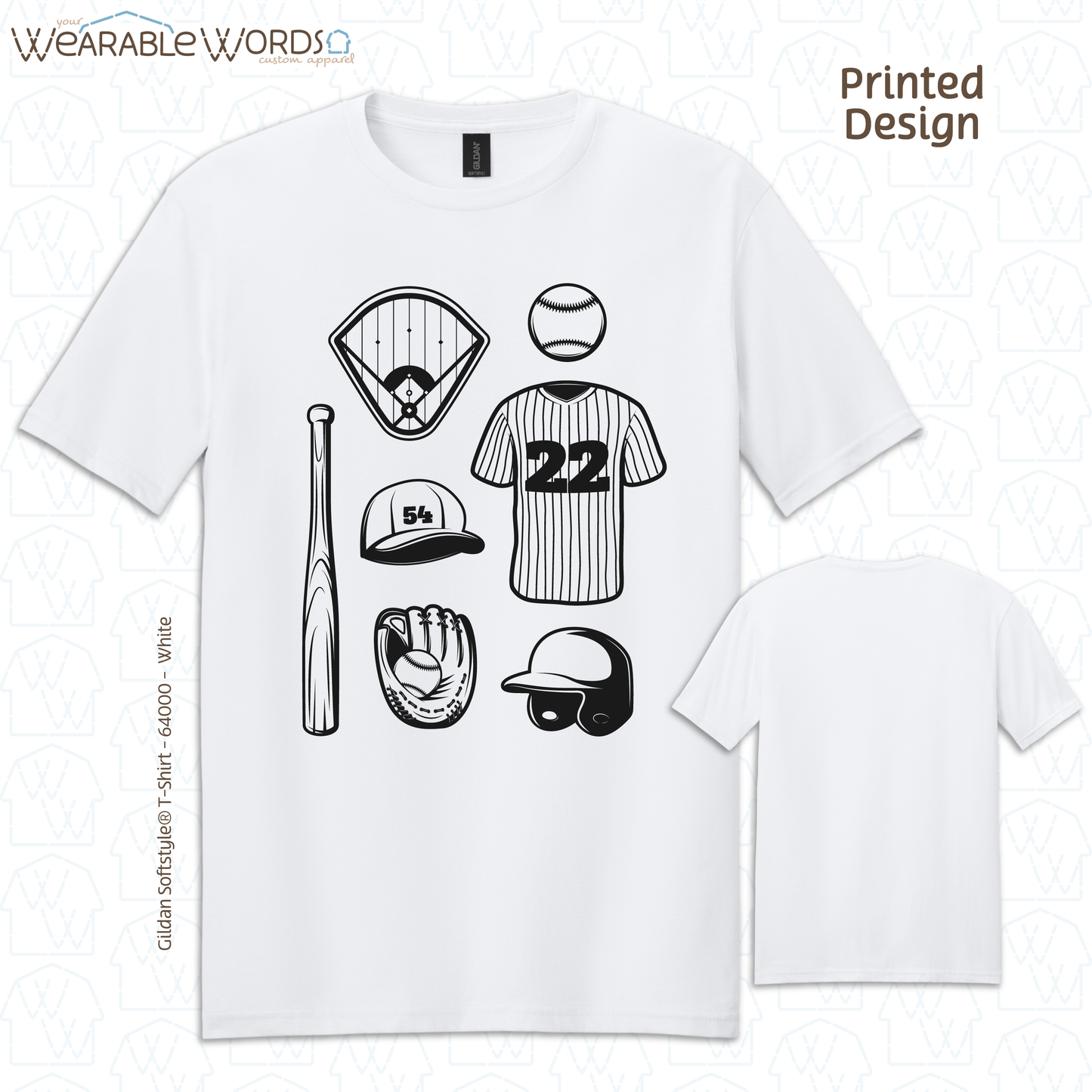 Baseball Doodles Graphic Tee | Ball Bat Jersey Field Mitt Black Print | Unisex T-Shirt