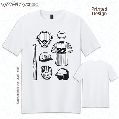 Baseball Doodles Graphic Tee | Ball Bat Jersey Field Mitt Black Print | Unisex T-Shirt