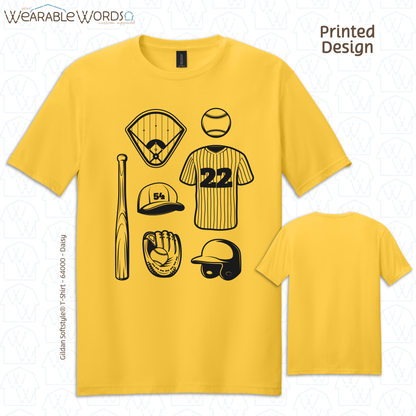 Baseball Doodles Graphic Tee | Ball Bat Jersey Field Mitt Black Print | Unisex T-Shirt