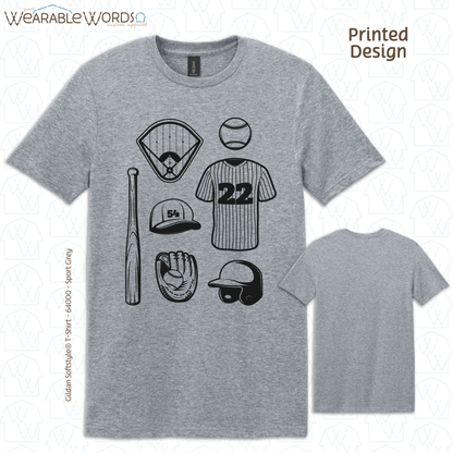 Baseball Doodles Graphic Tee | Ball Bat Jersey Field Mitt Black Print | Unisex T-Shirt