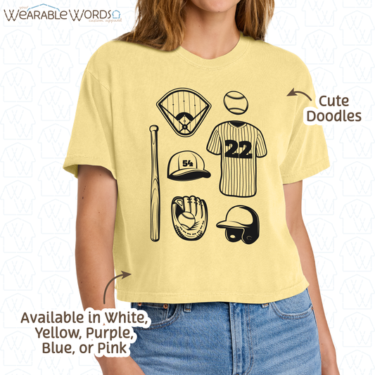 Baseball Doodles Graphic Tee | Ball Bat Jersey Field Mitt Black Print | Women's Boxy T-Shirt
