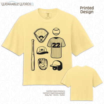 Baseball Doodles Graphic Tee | Ball Bat Jersey Field Mitt Black Print | Women's Boxy T-Shirt
