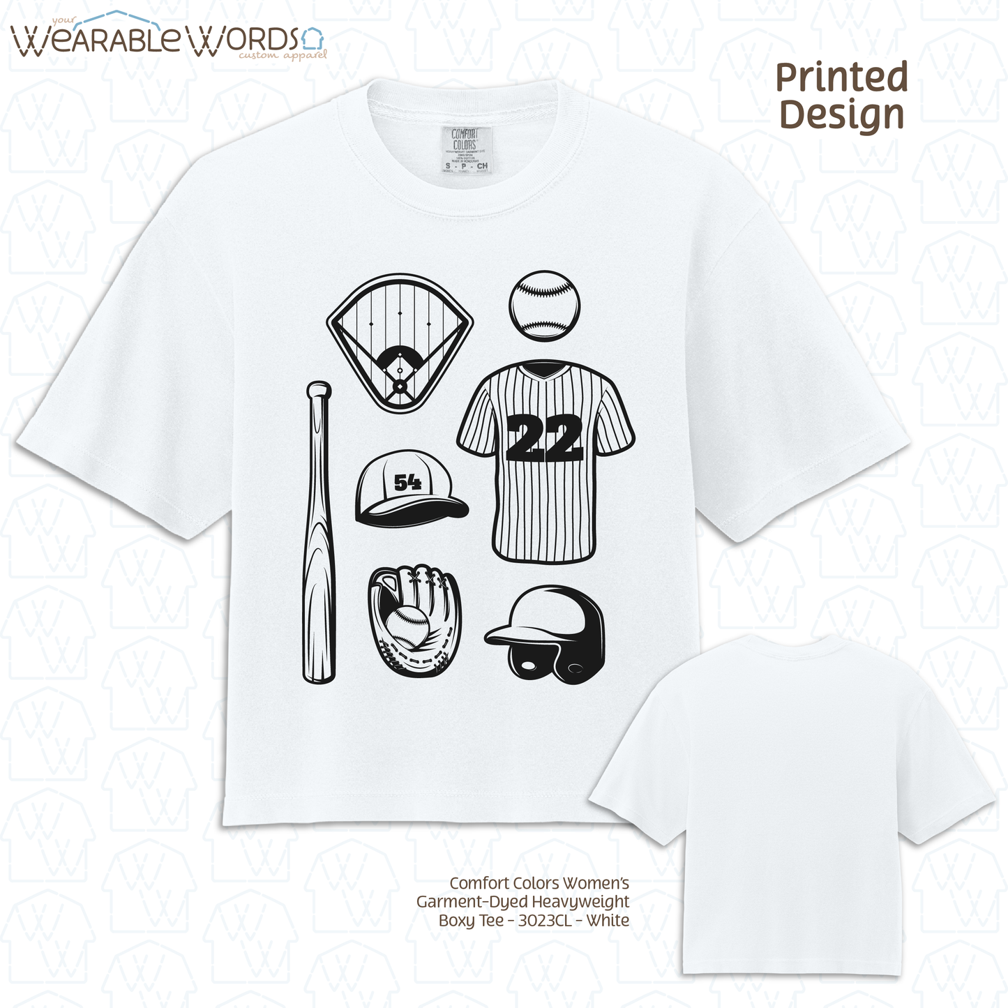 Baseball Doodles Graphic Tee | Ball Bat Jersey Field Mitt Black Print | Women's Boxy T-Shirt