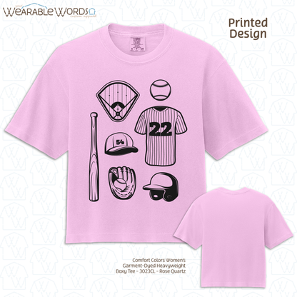 Baseball Doodles Graphic Tee | Ball Bat Jersey Field Mitt Black Print | Women's Boxy T-Shirt