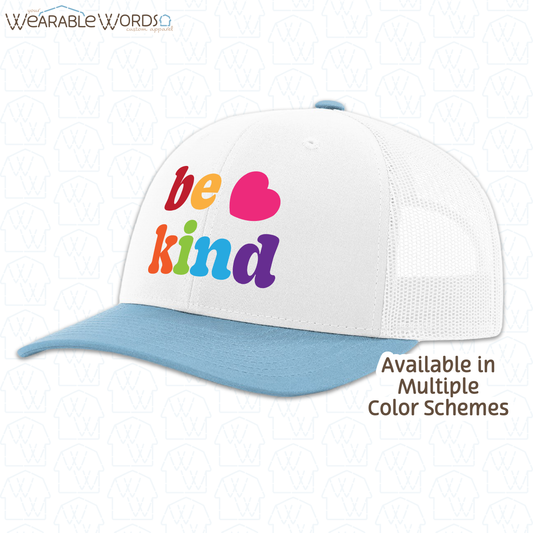 Be Kind Graphic Hat | Colorful Cute Rainbow Heart Print | Unisex Mesh Snapback