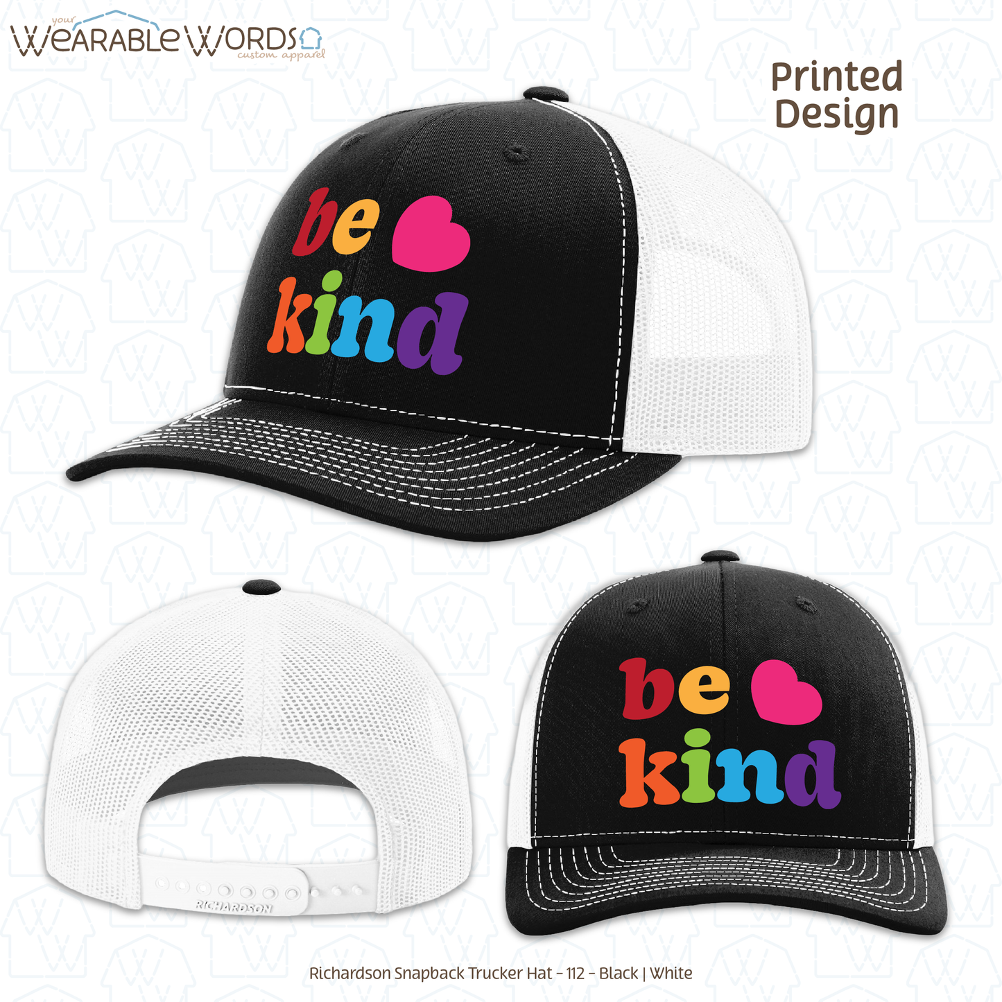 Be Kind Graphic Hat | Colorful Cute Rainbow Heart Print | Unisex Mesh Snapback