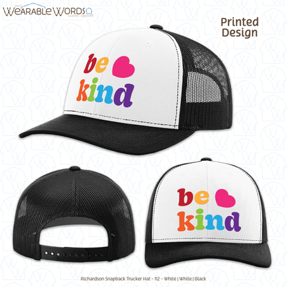 Be Kind Graphic Hat | Colorful Cute Rainbow Heart Print | Unisex Mesh Snapback