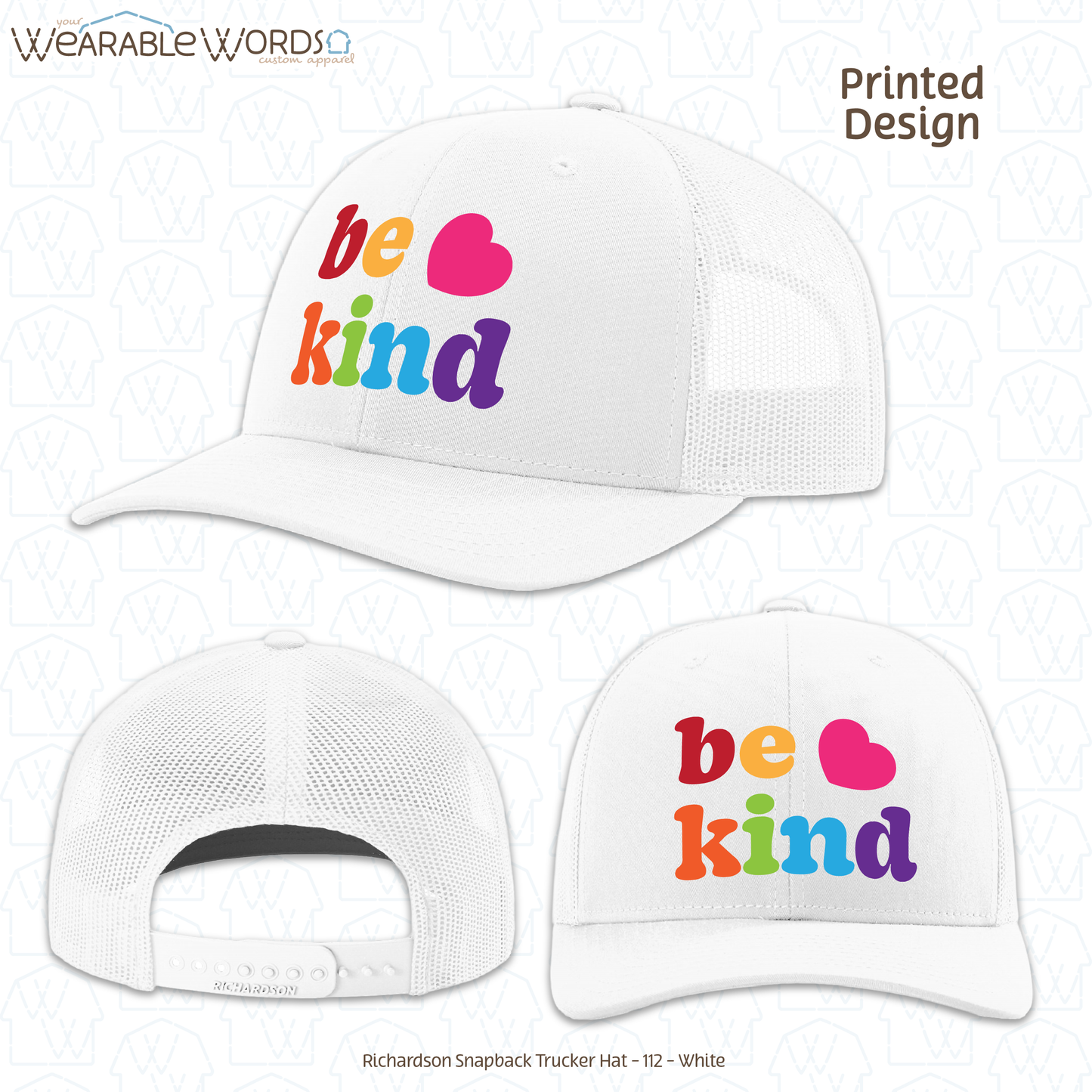Be Kind Graphic Hat | Colorful Cute Rainbow Heart Print | Unisex Mesh Snapback