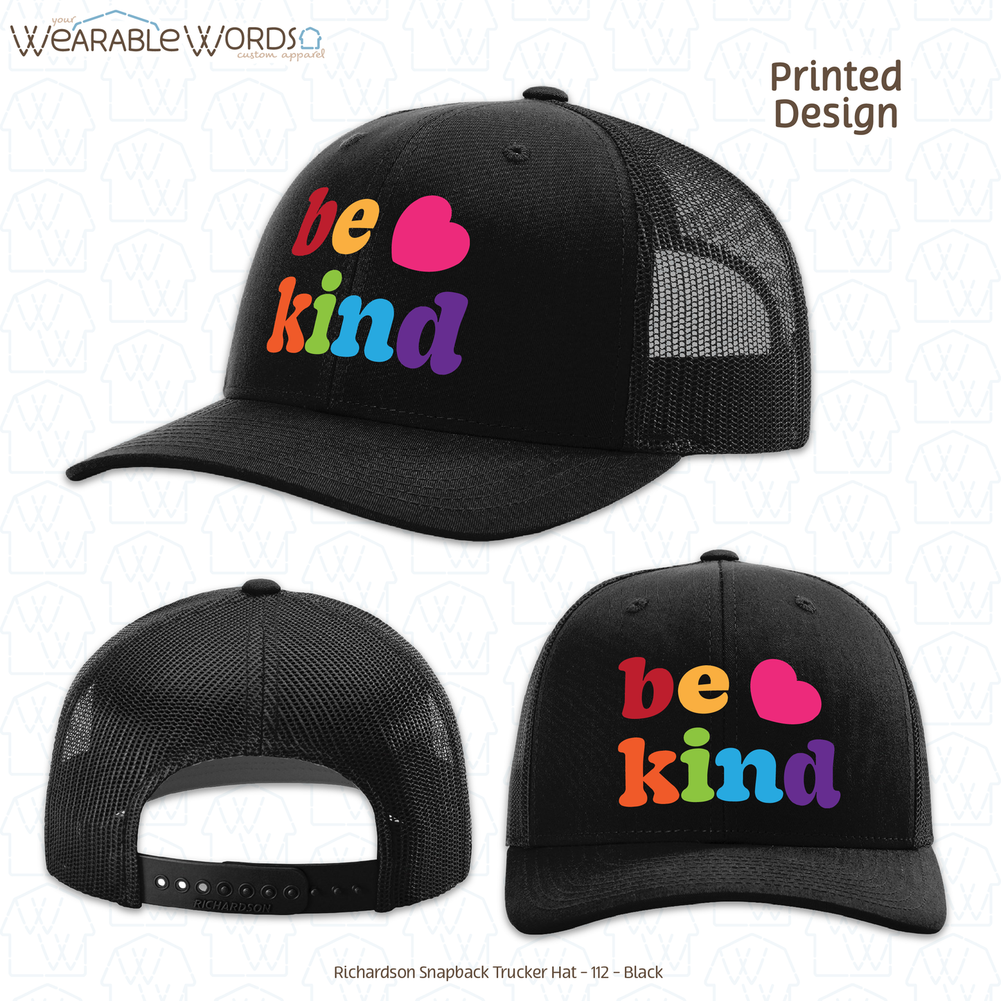 Be Kind Graphic Hat | Colorful Cute Rainbow Heart Print | Unisex Mesh Snapback