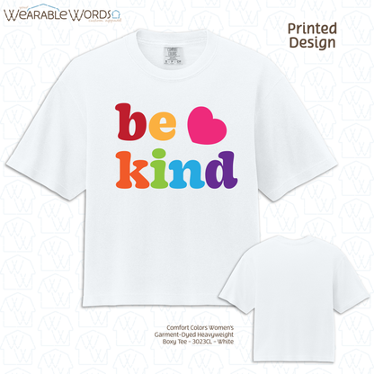 Be Kind Boxy T-Shirt | Cute Rainbow Print | White, Ivory, Light Blue, or Black Women's Graphic Tee