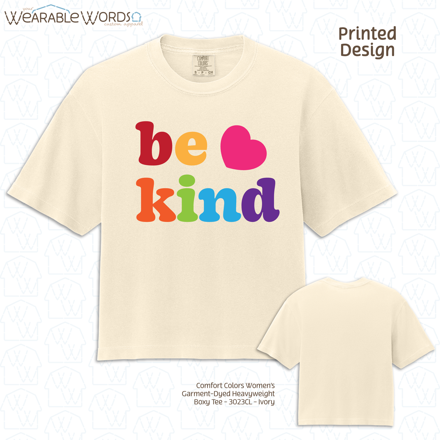 Be Kind Boxy T-Shirt | Cute Rainbow Print | White, Ivory, Light Blue, or Black Women's Graphic Tee