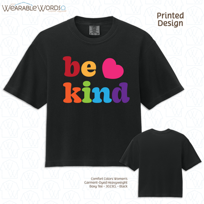 Be Kind Boxy T-Shirt | Cute Rainbow Print | White, Ivory, Light Blue, or Black Women's Graphic Tee