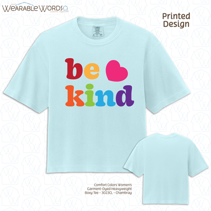 Be Kind Boxy T-Shirt | Cute Rainbow Print | White, Ivory, Light Blue, or Black Women's Graphic Tee