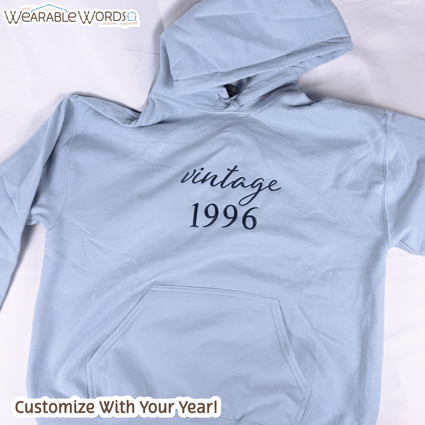 Customizable Vintage Year Hoodie | Embroidered Light Blue Hooded Sweatshirt