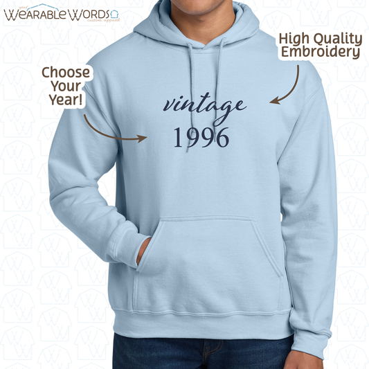 Customizable Vintage Year Hoodie | Embroidered Light Blue Hooded Sweatshirt