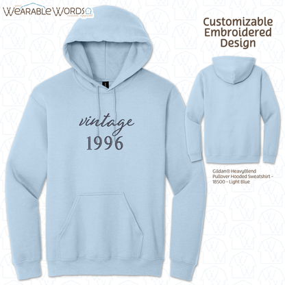 Customizable Vintage Year Hoodie | Embroidered Light Blue Hooded Sweatshirt