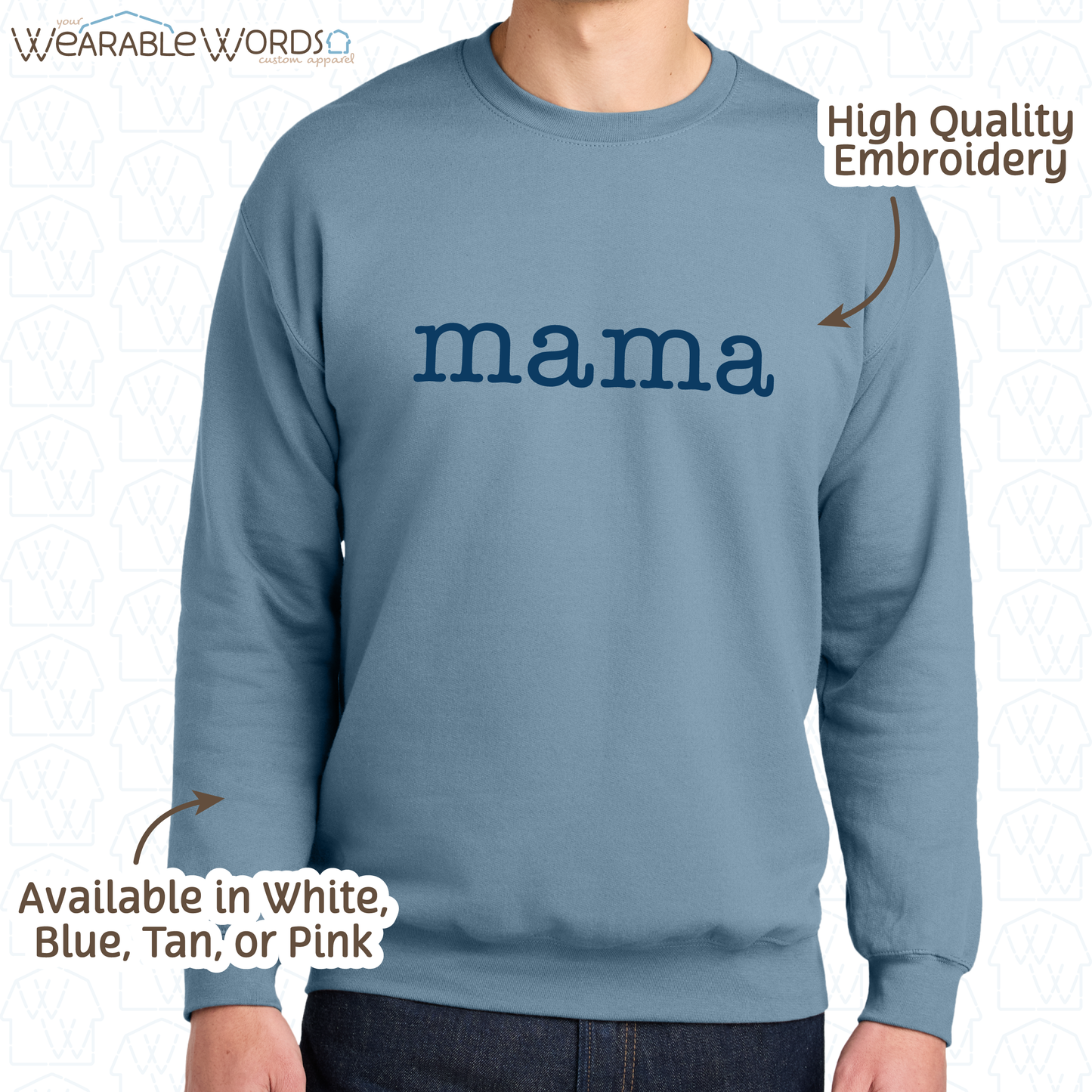 Mama Blue Typerwriter Embroidery Crewneck | White, Blue, Pink, or Tan Sweatshirt