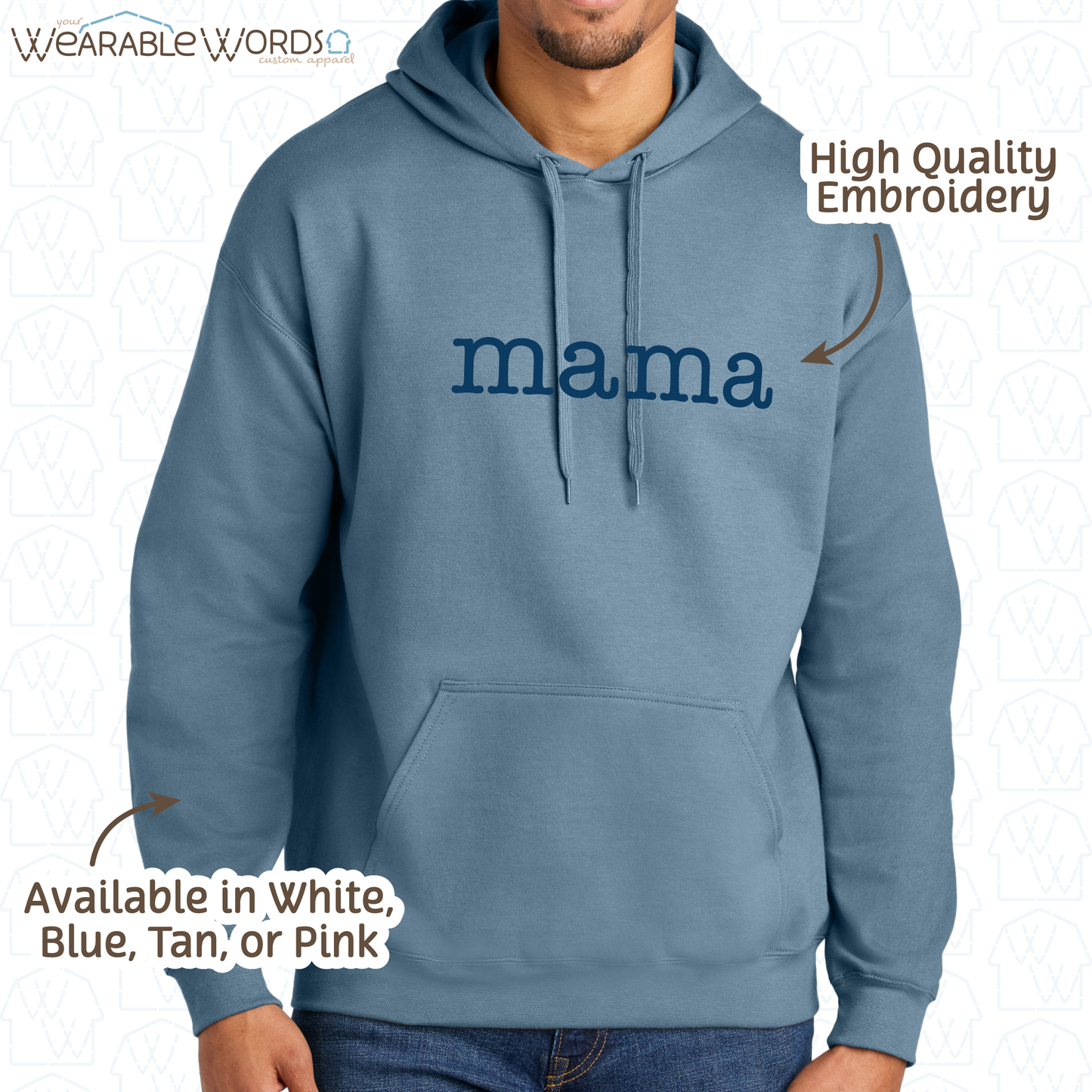 Mama Blue Typerwriter Embroidery Hoodie | White, Blue, Pink, or Tan Sweatshirt