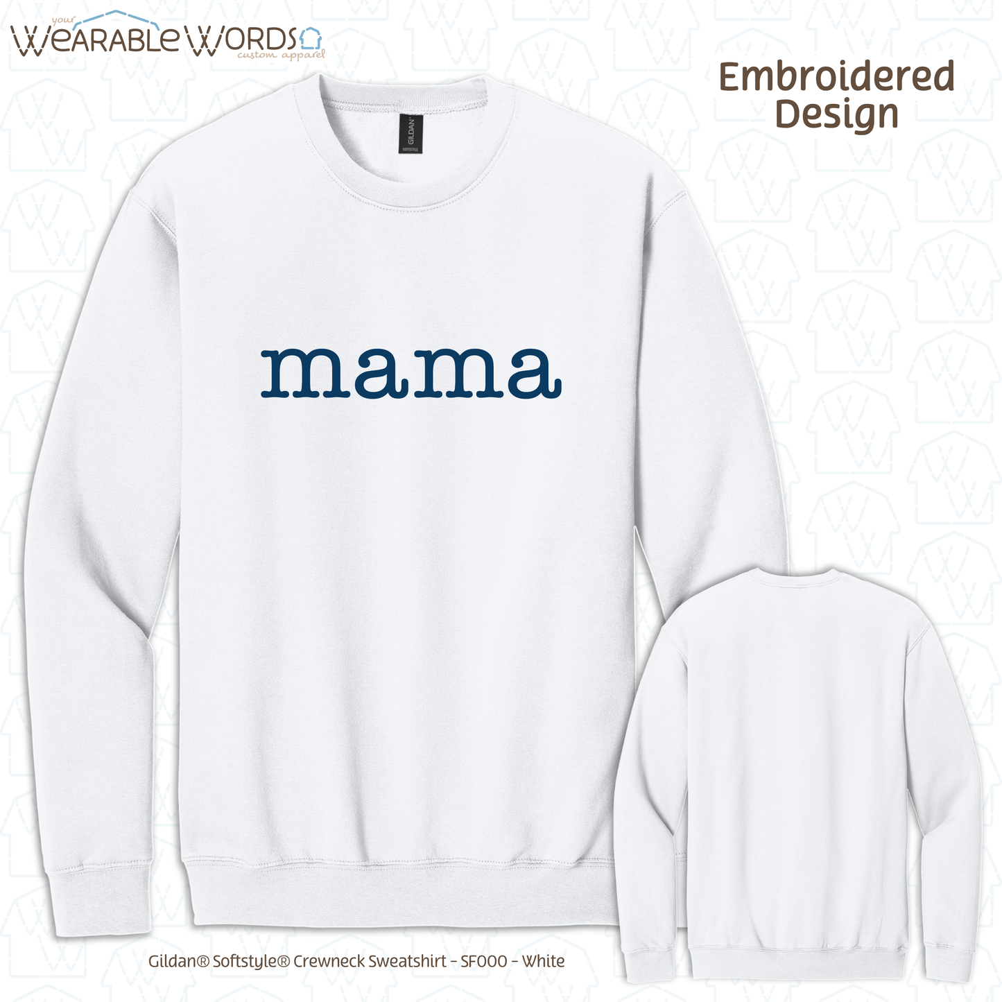 Mama Blue Typerwriter Embroidery Crewneck | White, Blue, Pink, or Tan Sweatshirt