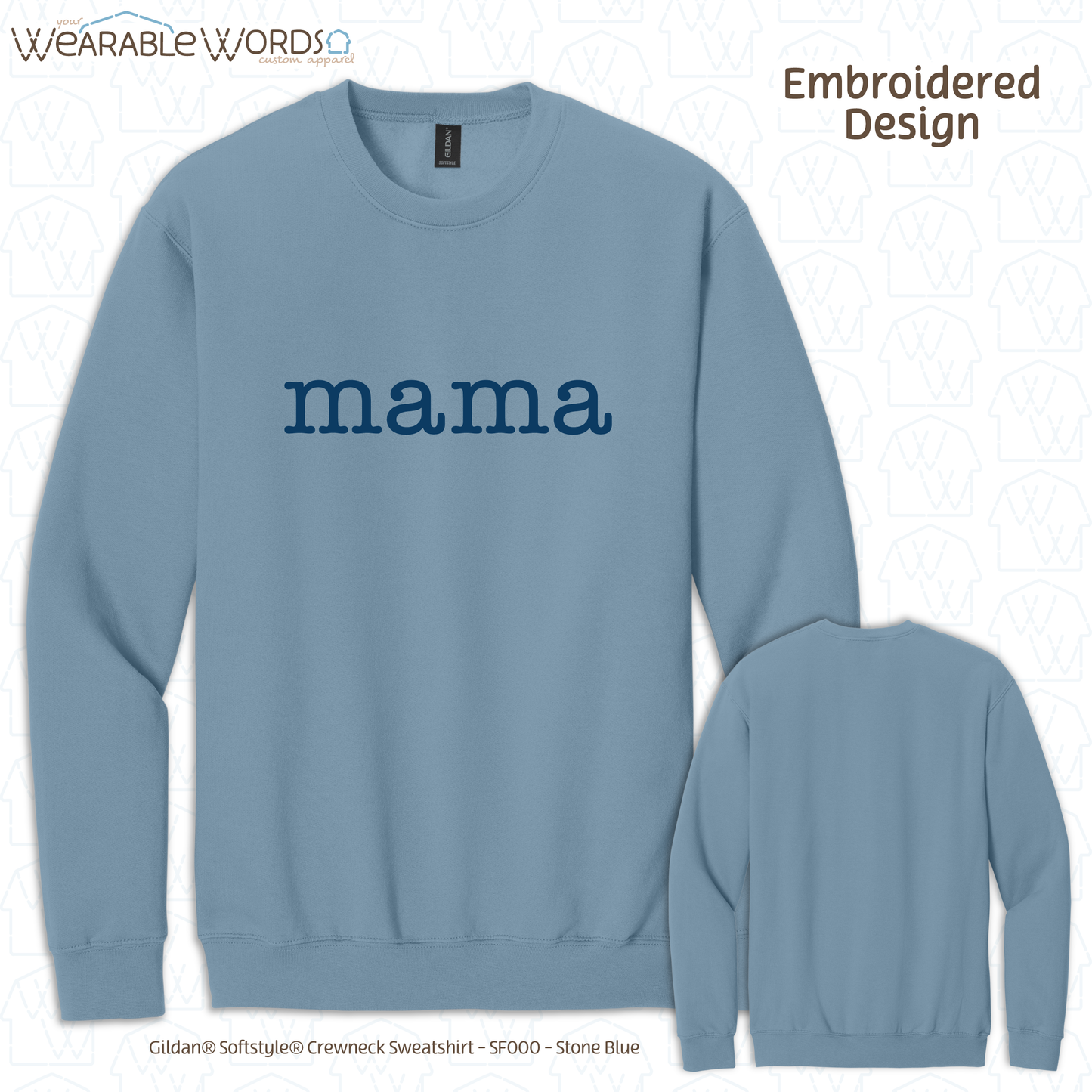 Mama Blue Typerwriter Embroidery Crewneck | White, Blue, Pink, or Tan Sweatshirt