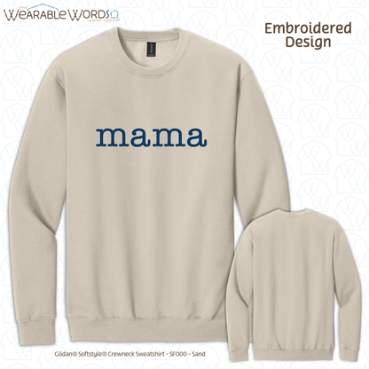 Mama Blue Typerwriter Embroidery Crewneck | White, Blue, Pink, or Tan Sweatshirt