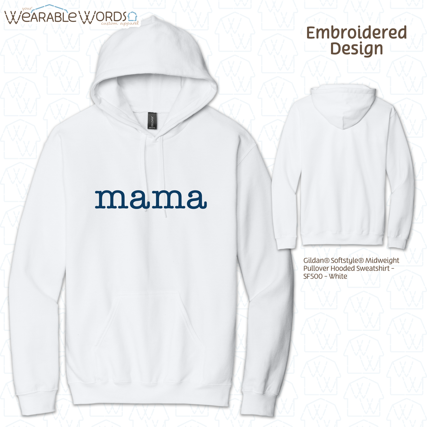 Mama Blue Typerwriter Embroidery Hoodie | White, Blue, Pink, or Tan Sweatshirt