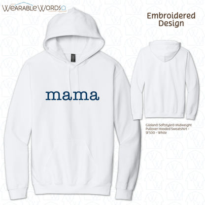 Mama Blue Typerwriter Embroidery Hoodie | White, Blue, Pink, or Tan Sweatshirt